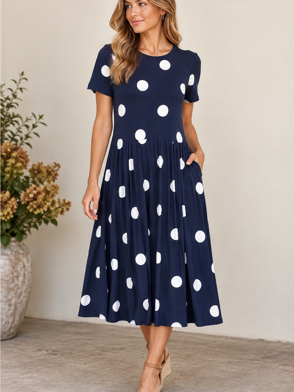 Boden navy Pocket Blue Polka Dot Midi Dress